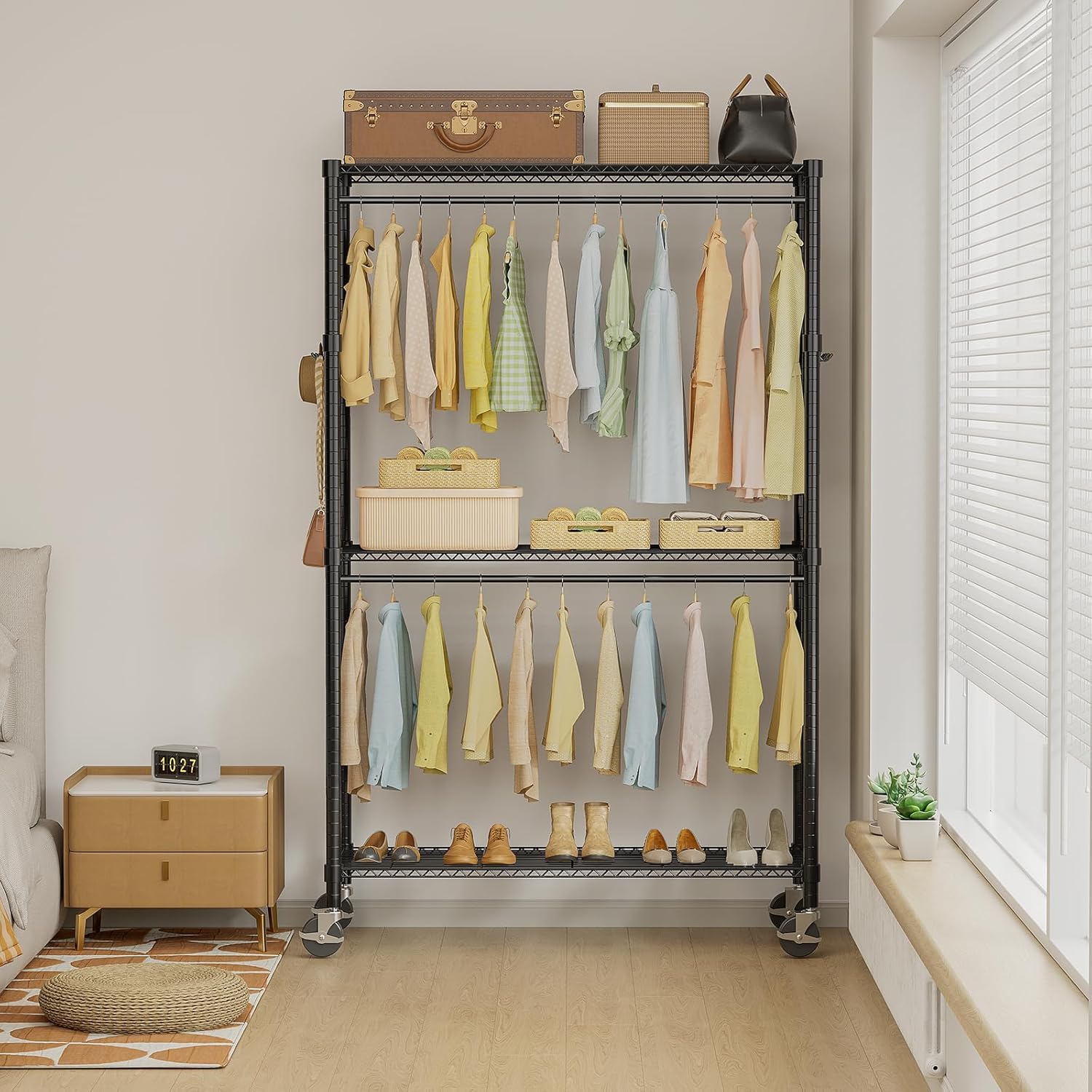 Rolling Clothes Rack, Heavy Duty Clothing Rack, 3 Shelf Portable Adjustable Wardrobe Closet With Wheels, Hanging Rods & Side Hooks, 43.3" W X 17.7" D X 80.3" H, Black Black Steel