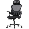 Office Chair, Comfortable Swivel Chair With High Back, Wheels, Adjustable Headrest, Comfortable Lumbar Support, Flip Arm, Black Black Stainless Steel