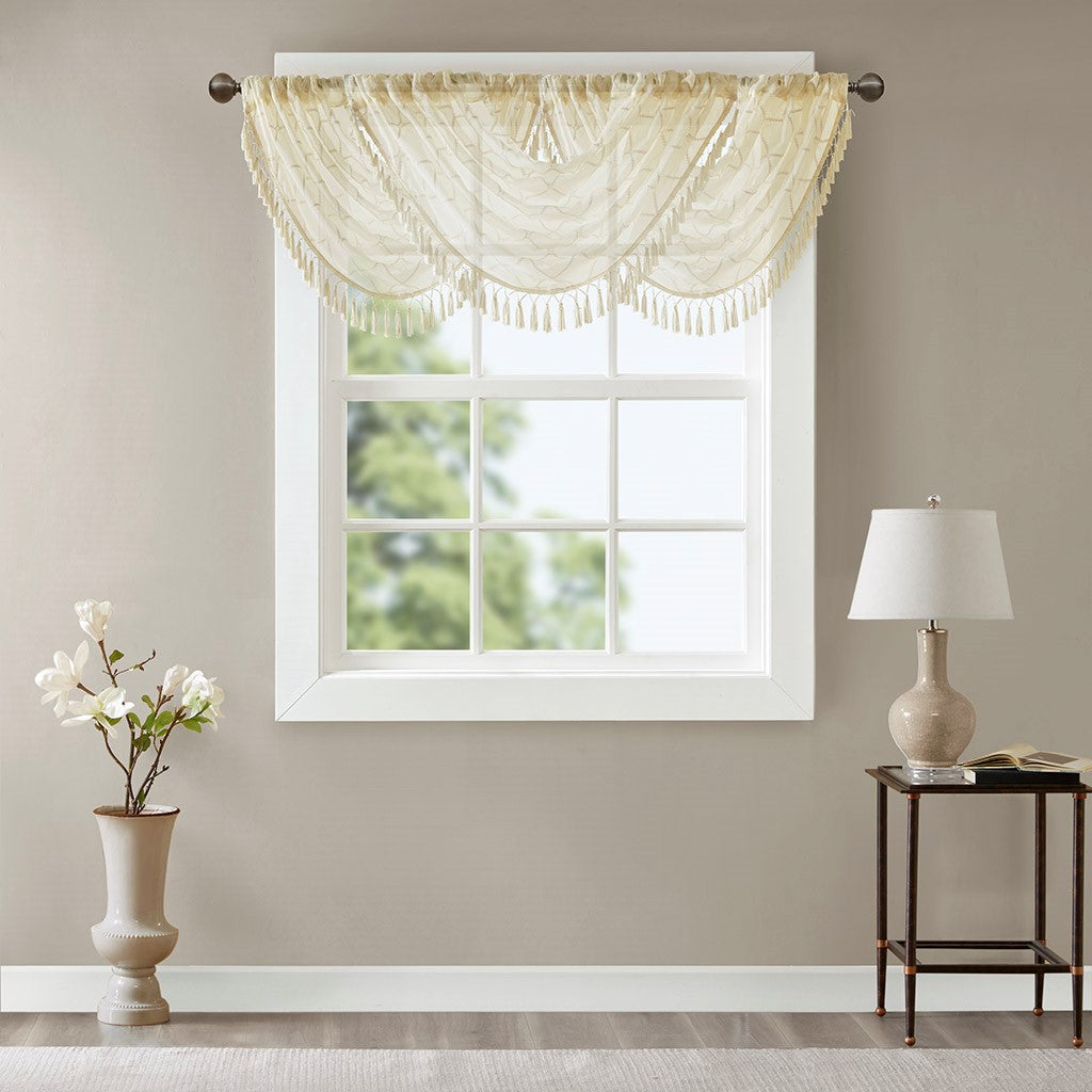 Diamond Sheer Embroidered Waterfall Valance Ivory 38X46" Ivory Polyester