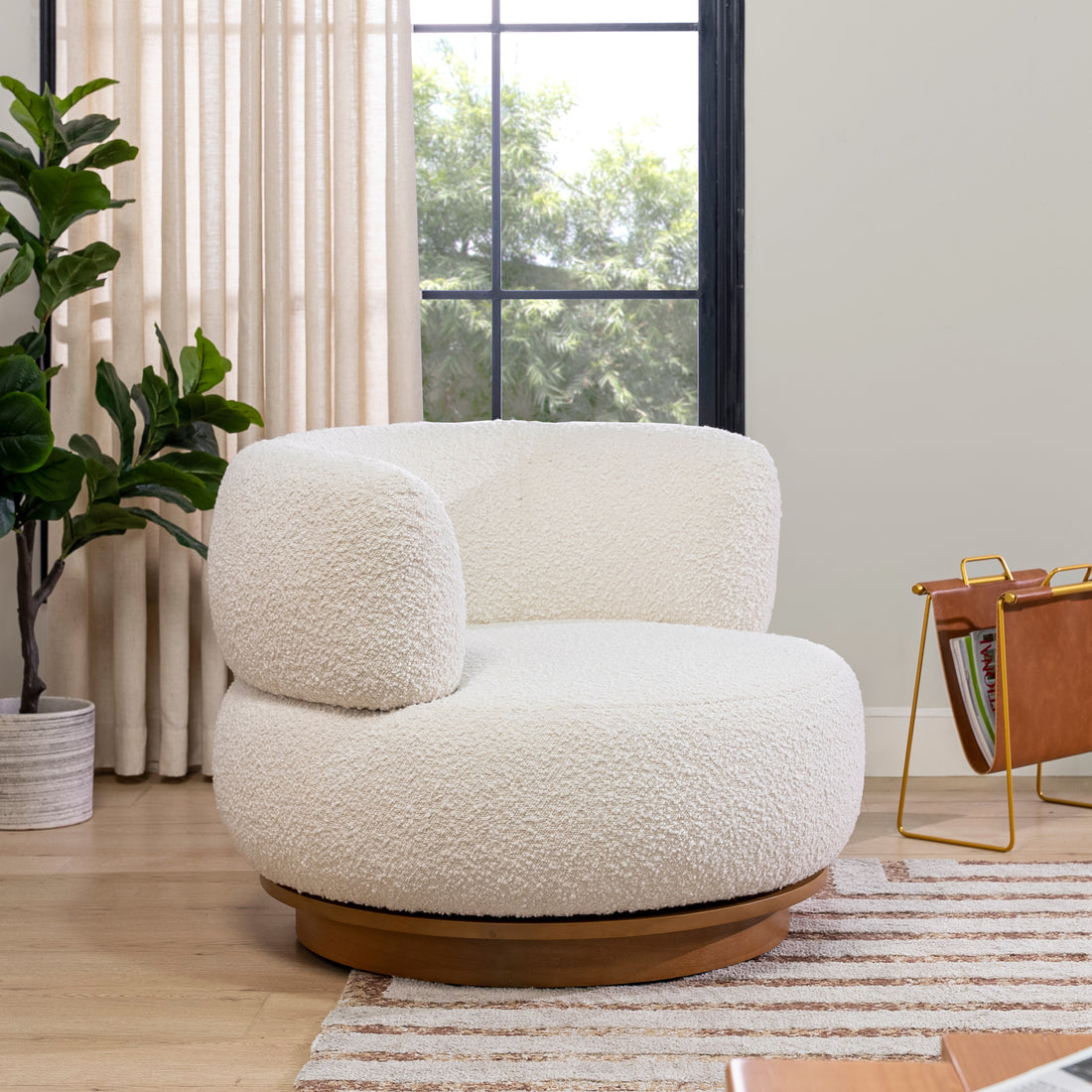 Fuji 360 Swivel Low Barrel Back Accent Chair, Ivory White Boucle White Foam Boucle