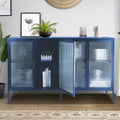 Stylish 4 Door Tempered Glass Cabinet With 4 Glass Doors Adjustable Shelf And Feet Anti Tip Dust Free Fluted Glass Kitchen Credenza Blue Blue Tempered Glass Sheet Metal Plastic