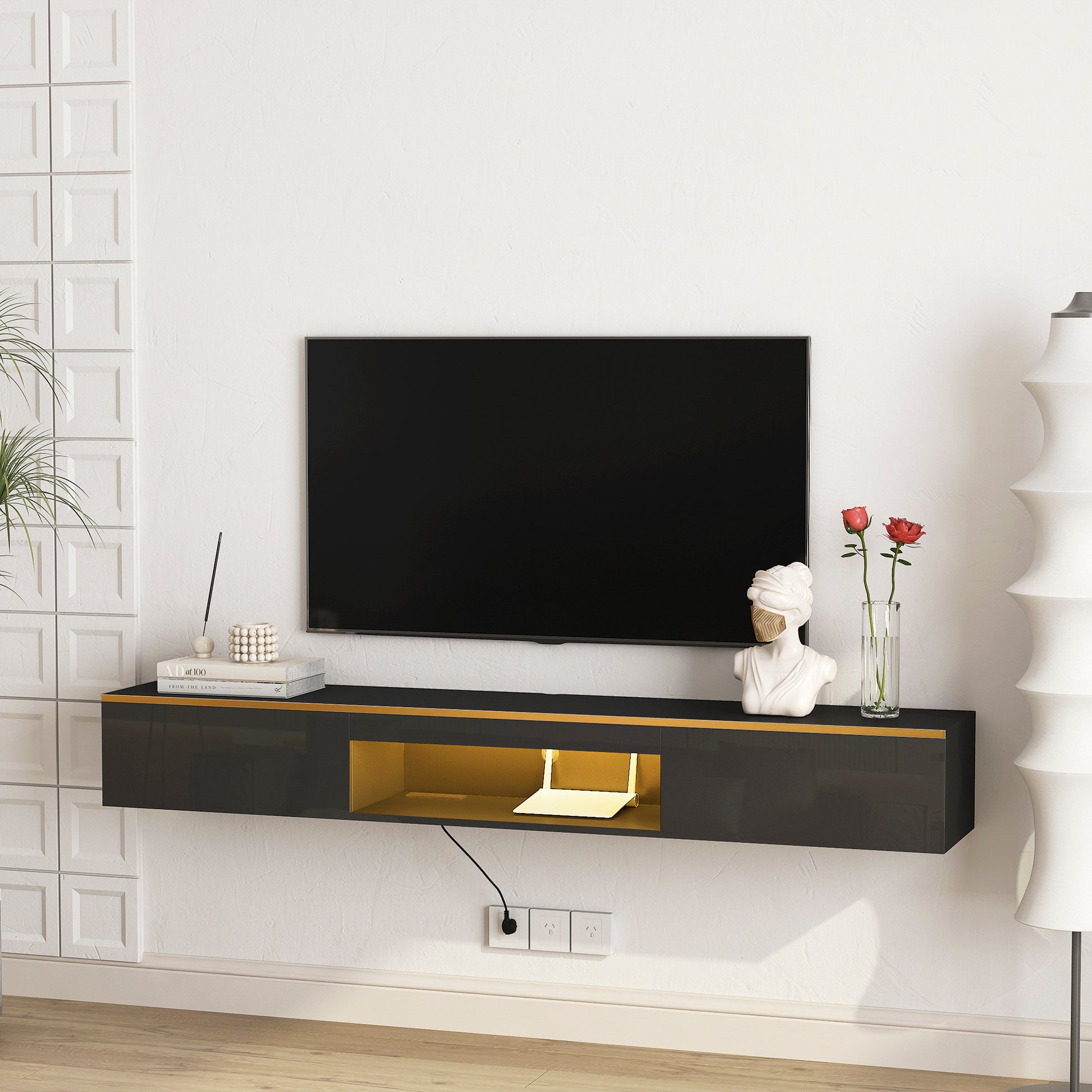 Floating Tv Stand Wall Mounted With 16 Color Leds,69" Modern Tv Stand, Floating Tv Cabinet Entertainment Center For 55 60 65 Inch Tv,Black Black 60 69 Inches Mdf