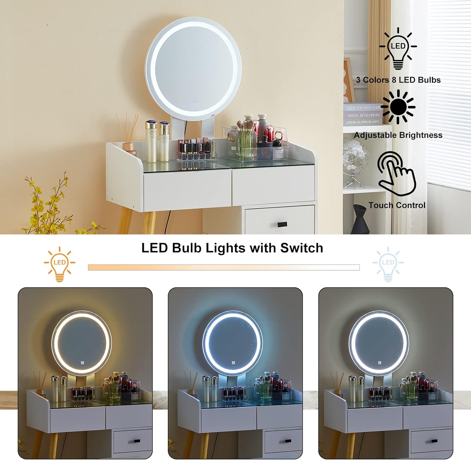 Dressing Table With Led Lights Glass Top Dressing Table With Extendable Side Table 5 Drawers Dressing Table With Mirror And Stool For Bedroom White Drawer 5 Drawers & Above Bedroom Modern Mirror Included White Particle Board Mdf