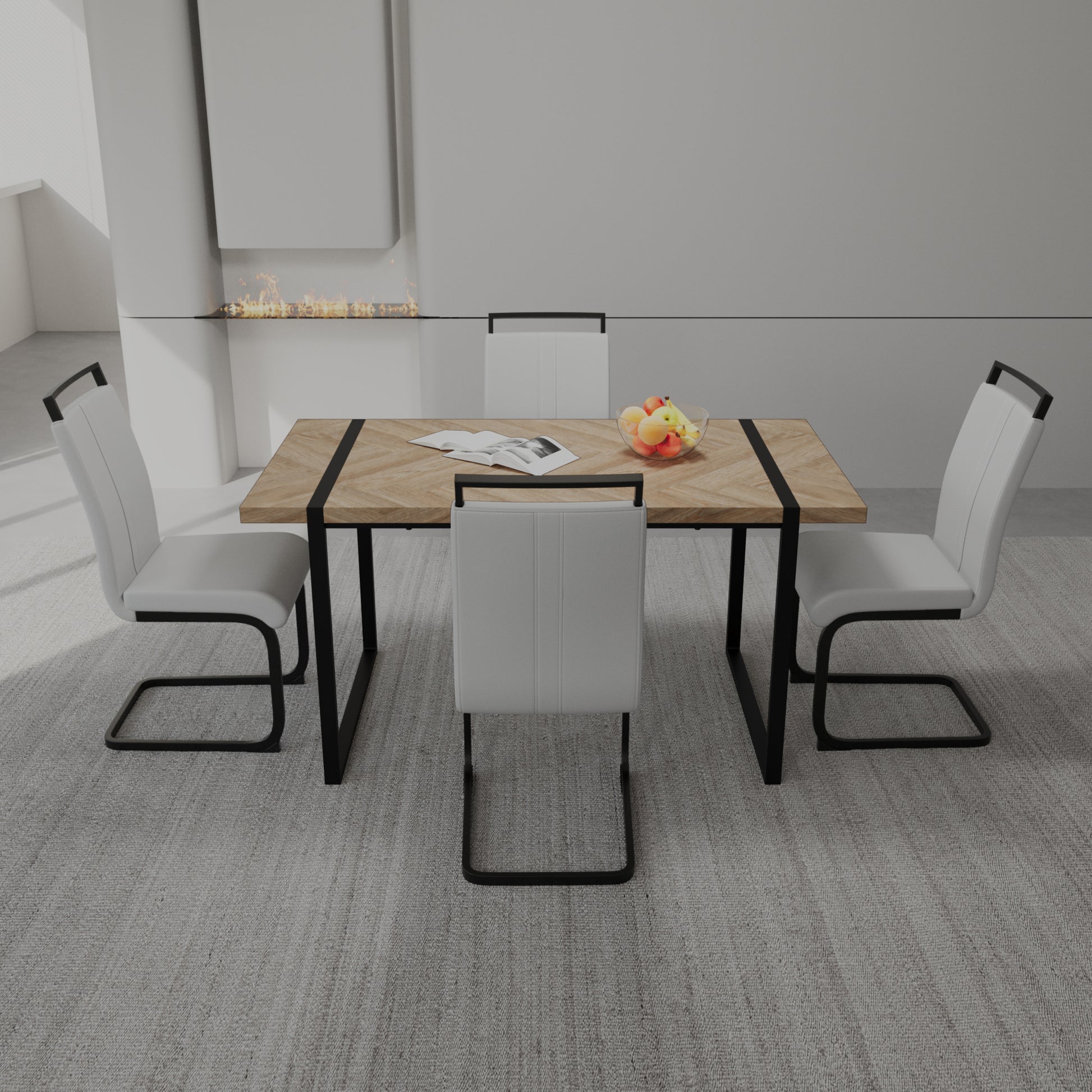 59 "Rural Industrial Rectangular Mdf Light Wood Dining Table Set And Pu Armless Dining Chair Set, 4 Piece. Kitchen Black Metal Table Leg Dining Chair Set White Natural Mdf