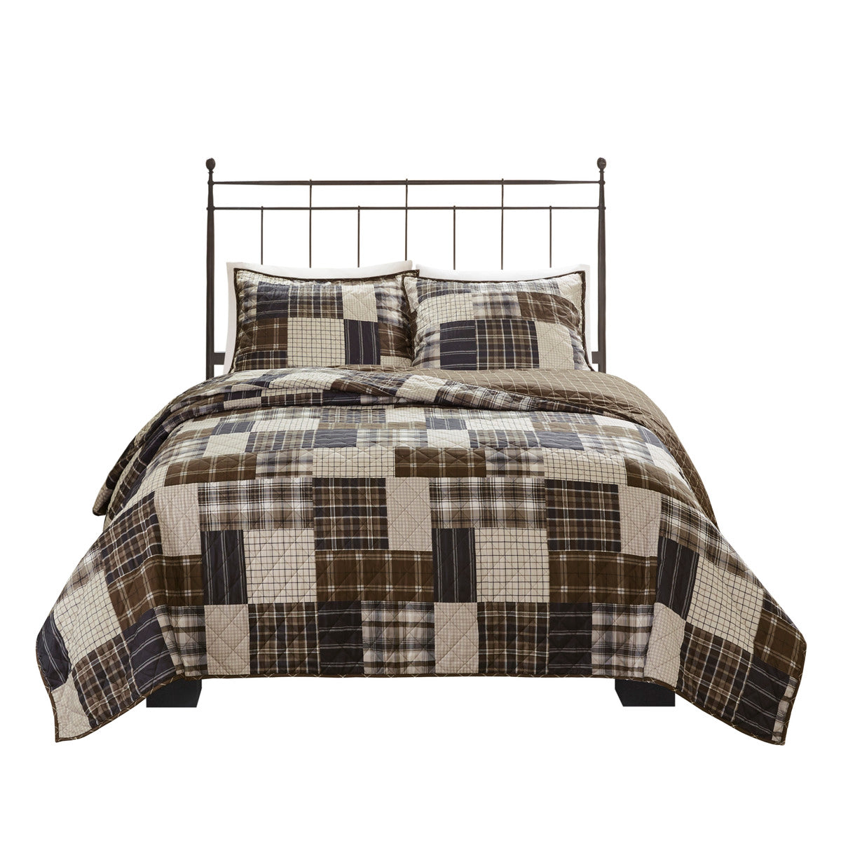 3 Piece Reversible Printed Quilt Set Black Brown Full Queen Black Brown Microfiber