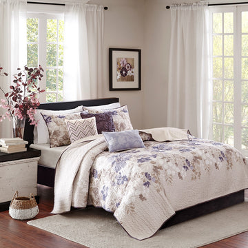 6 Piece Printed Quilt Set With Throw Pillows Taupe Full Queen Full Multicolor Cotton