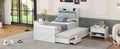 Twin Size Wooden Bed With Storage Headboard With Outlets, Extendable Bed With Twin Size Trundle With Three Storage Drawers,White Twin White Wood