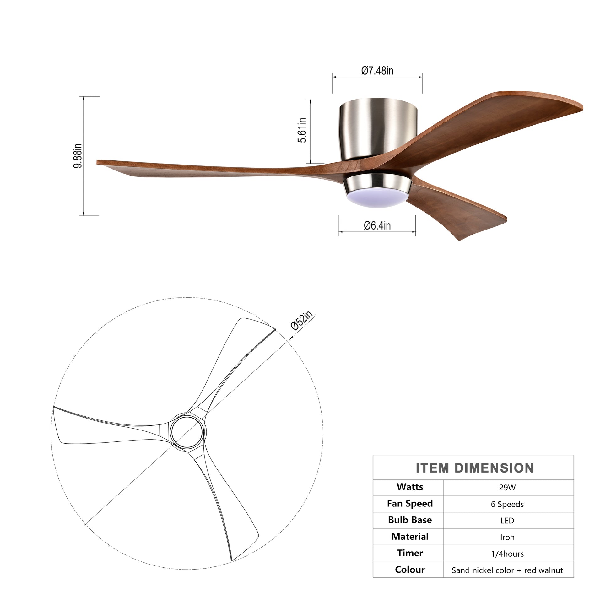52" Ceiling Fan With Lights Remote Control,Quiet Dc Motor 3 Wood Blade Ceiling Fans 6 Speed Levels,Reversible Ceiling Fan, For Patio Living Room, Bedroom, Office,Indoor. Stain Nickel Walnut Nickel
