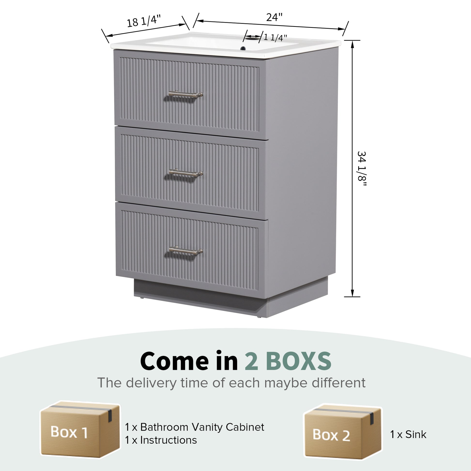 24 Inch Bathroom Vanity With Ceramic Sink Set, Modern Freestanding Bathroom Storage Cabinet With 2 Drawers, Floor Standing Bath Vanity Combo, Gray Grey Mdf
