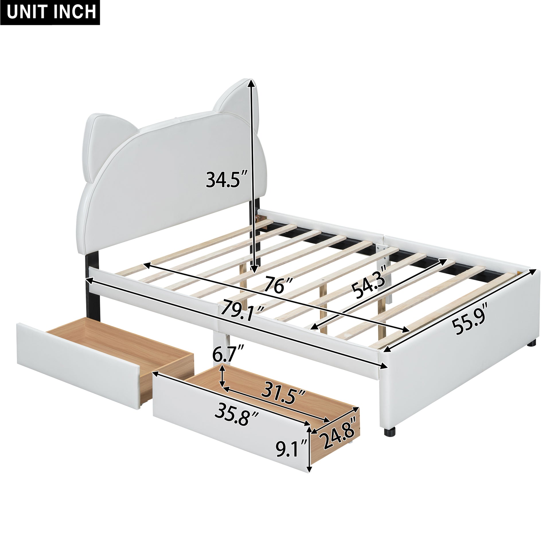 Full Size Upholstered Platform Bed With Cartoon Ears Shaped Headboard And 2 Drawers, White Box Spring Not Required Full White Wood Bedroom Bed Frame Faux Leather Upholstered