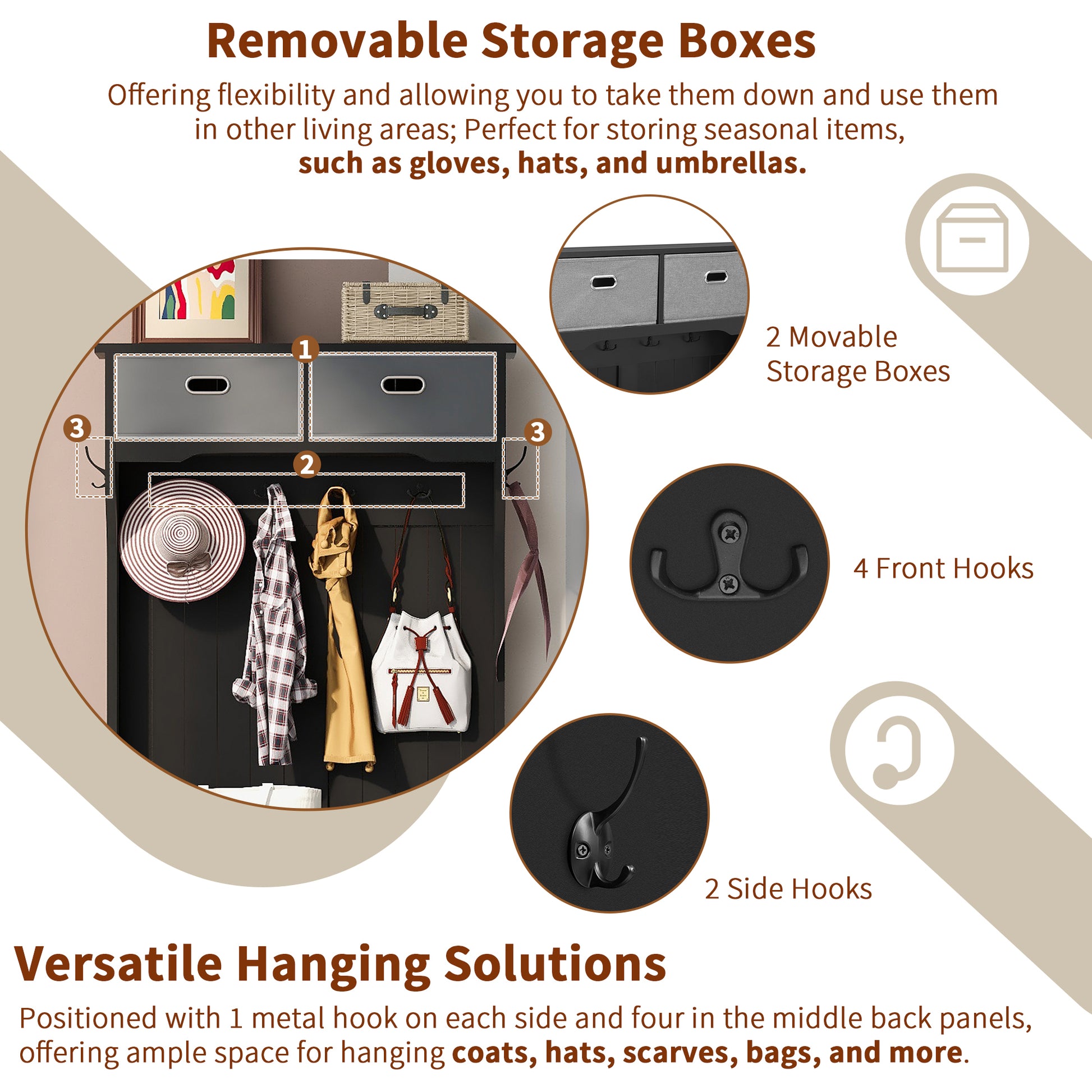 Hall Tree With 6 Hooks And Hinged Lid, Coat Hanger, Entryway Bench, Storage Bench, 3 In 1 Design, 69Inch, For Entrance, Hallway Black Mdf