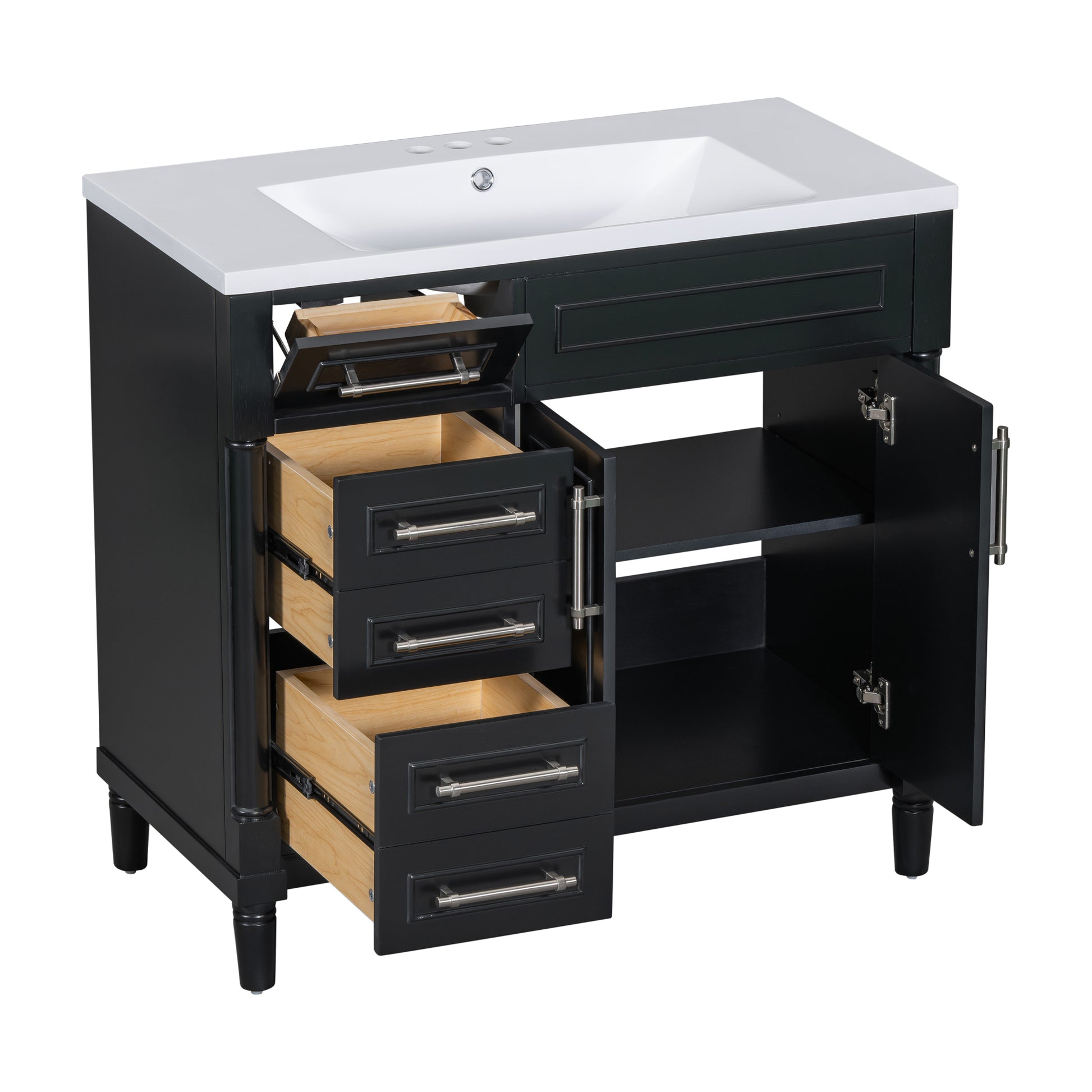 36'' Bathroom Vanity With Top Resin Sink, Freestanding Bathroom Storage Cabinet With 2 Drawers And A Tip Out Drawer, Solid Wood Frame Vanity Set, Height Adjustable Shelf 3 Black 2 2 Adjustable Shelves Bathroom Freestanding Solid Wood Mdf Resin Painted