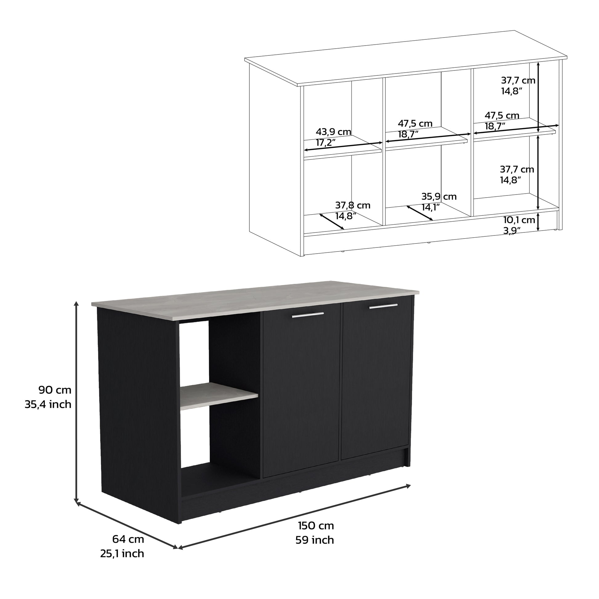 Kitchen Island With Large Countertop, Open Storage Shelves And Double Door Cabinet, Black Onyx Black Solid Wood Mdf Engineered Wood