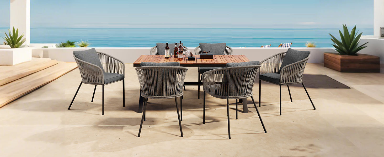 7 Pieces Patio Dining Set, All Weather Outdoor Furniture Set With Dining Table And Chairs, Acacia Wood Tabletop, Metal Frame, For For Garden, Backyard, Balcony, Grey Yes Grey Seats 6 Garden &