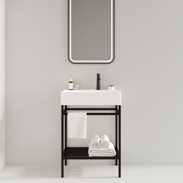 Lofi 24" Bathroom Vanity With Ceramic Basin, Freestanding Bathroom Console Sink Set, Glossy White Rectangular Ceramic Basin Without Faucet, Open Metal Leg, Storage Shelves, Black White Black