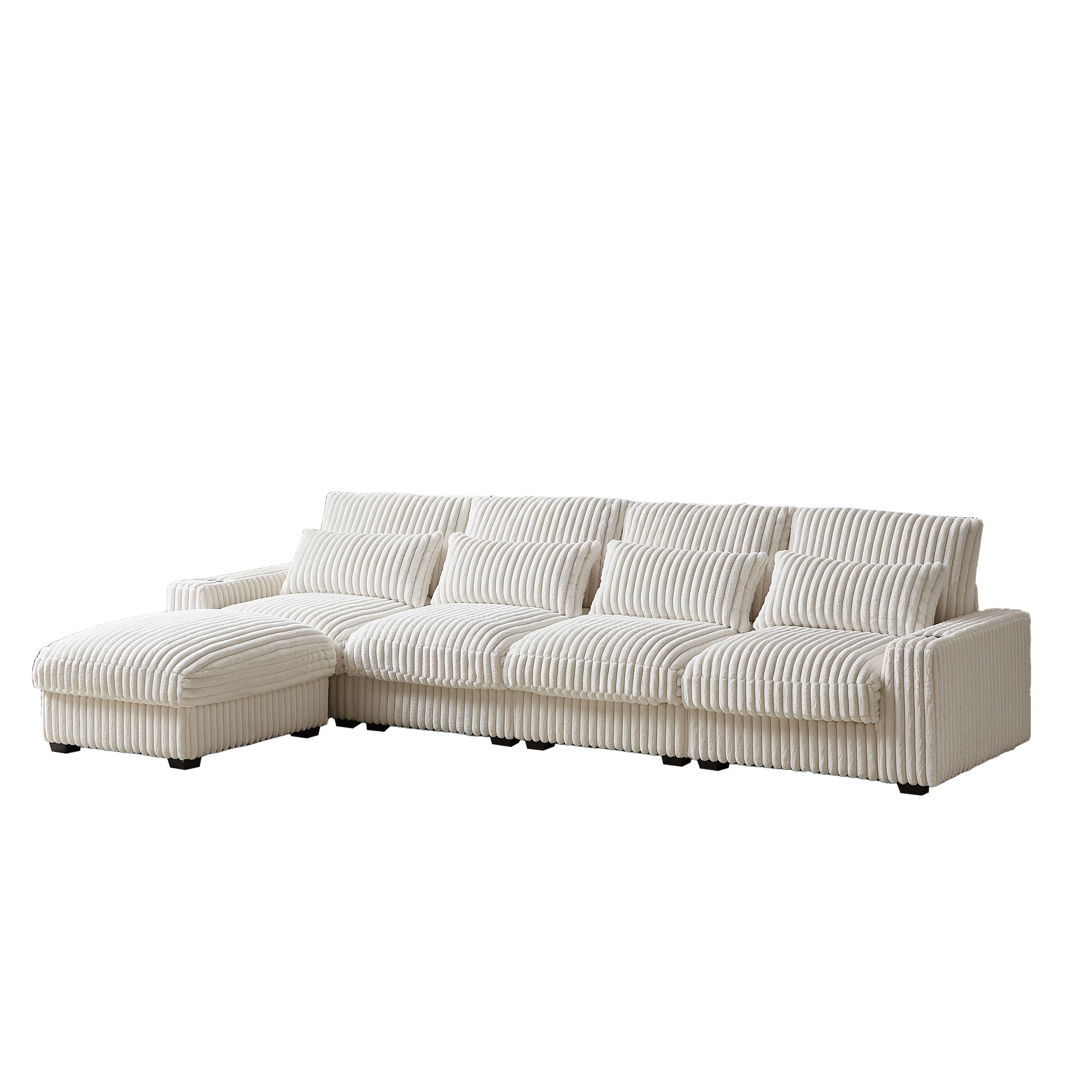 128 Inch Corduroy With Cup Holder Super Large L Shaped Sofa, Movable Footrest, Four Waist Pillows And Four Back Cushion, With Usb Port And T Pyce Port Beige Corduroy 3 Seat