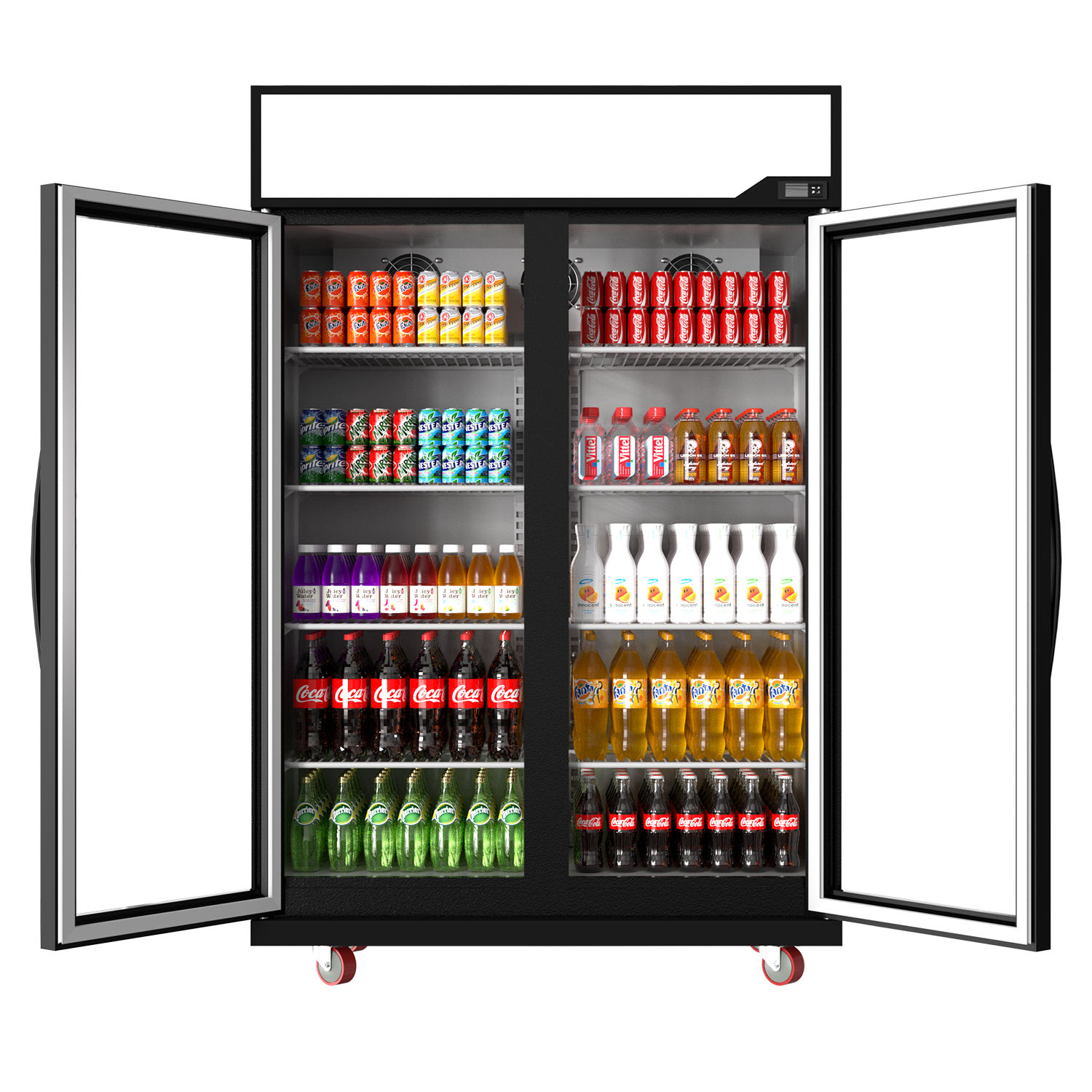Glass Door Merchandiser Refrigerator 39 Cu.Ft Swing Door Commercial Display Refrigerators Merchandising Refrigeration With Led Top Panel Black Silver Steel