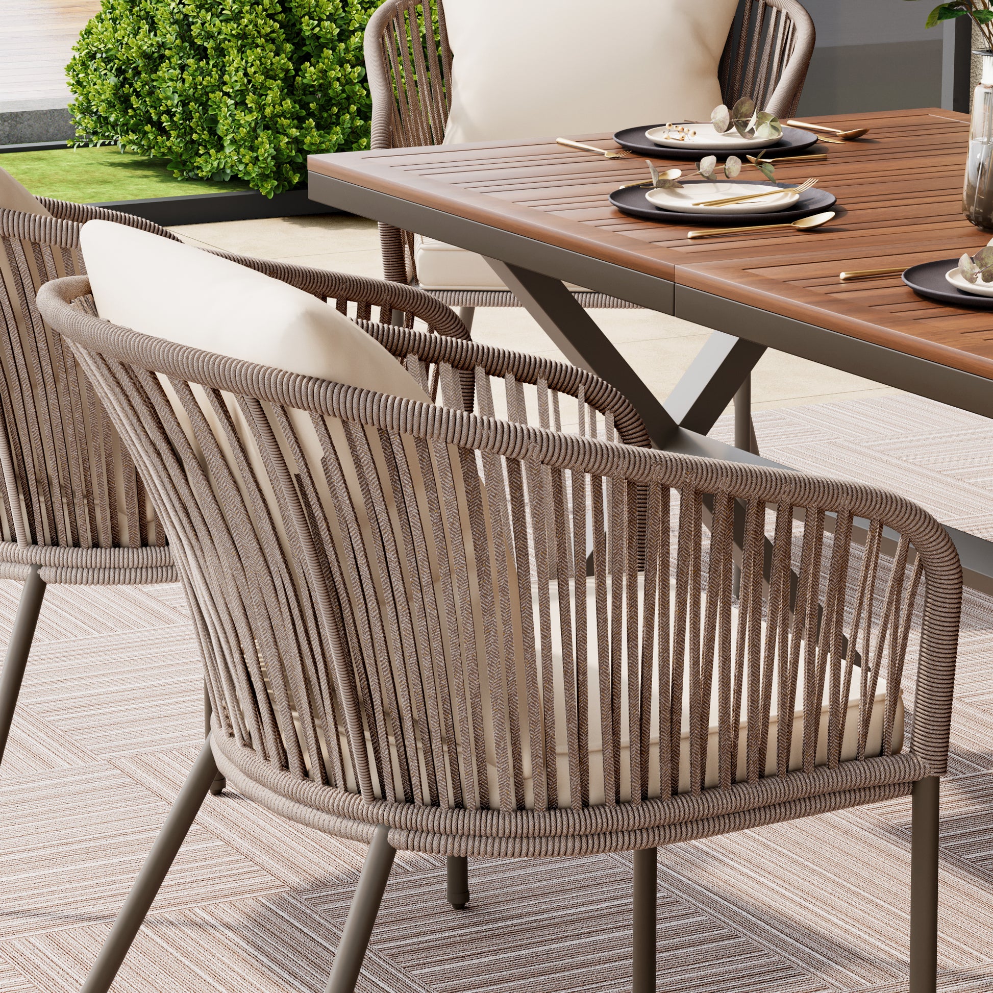 7 Pieces Patio Dining Set, All Weather Outdoor Furniture Set With Dining Table And Chairs, Acacia Wood Tabletop, Metal Frame, For For Garden, Backyard, Balcony, Beige Yes Beige Seats 6 Garden &