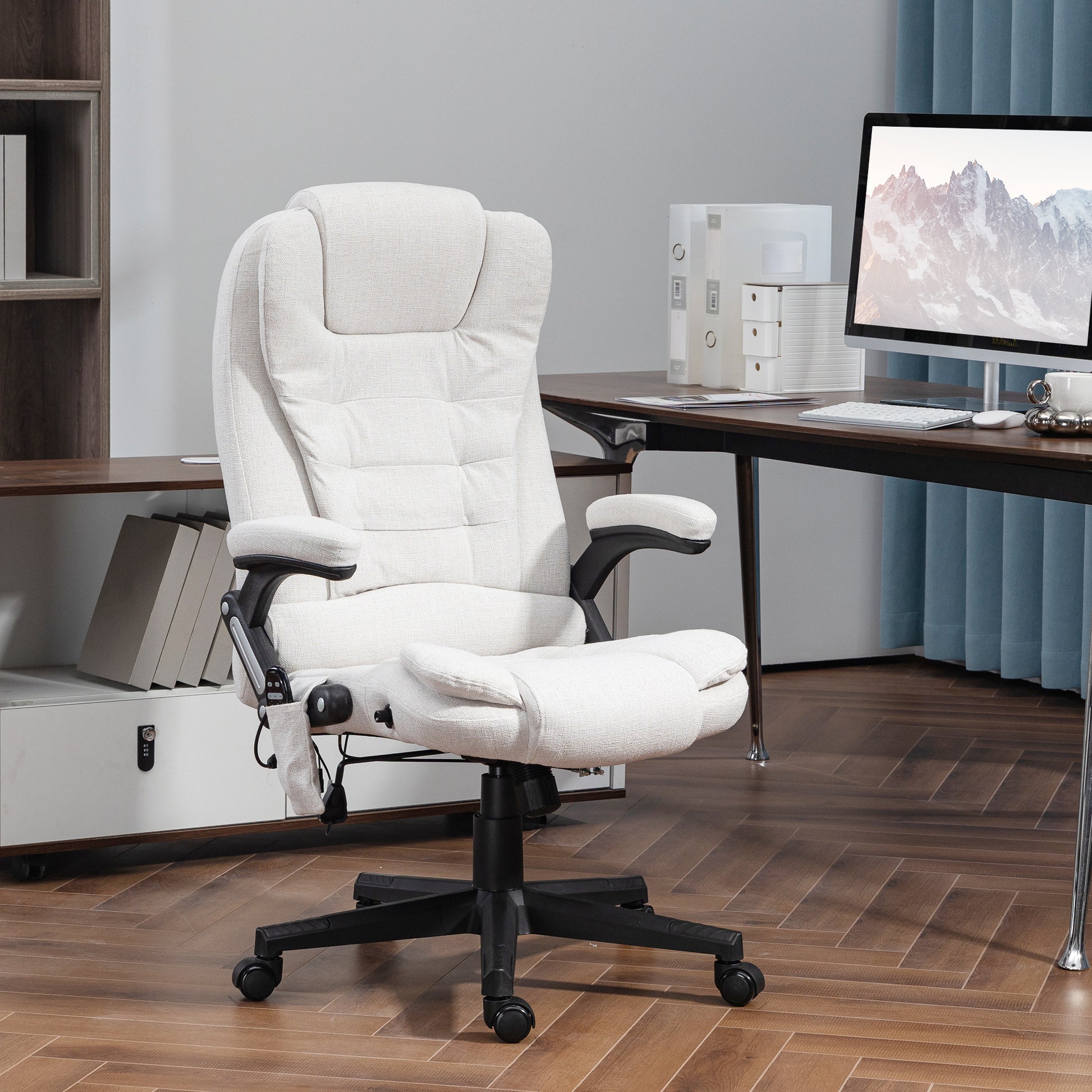 Homcom 6 Point Vibrating Massage Office Chair With Heat, Linen High Back Executive Office Chair With Reclining Backrest, Padded Armrests And Remote, Cream White Cream White Polyester