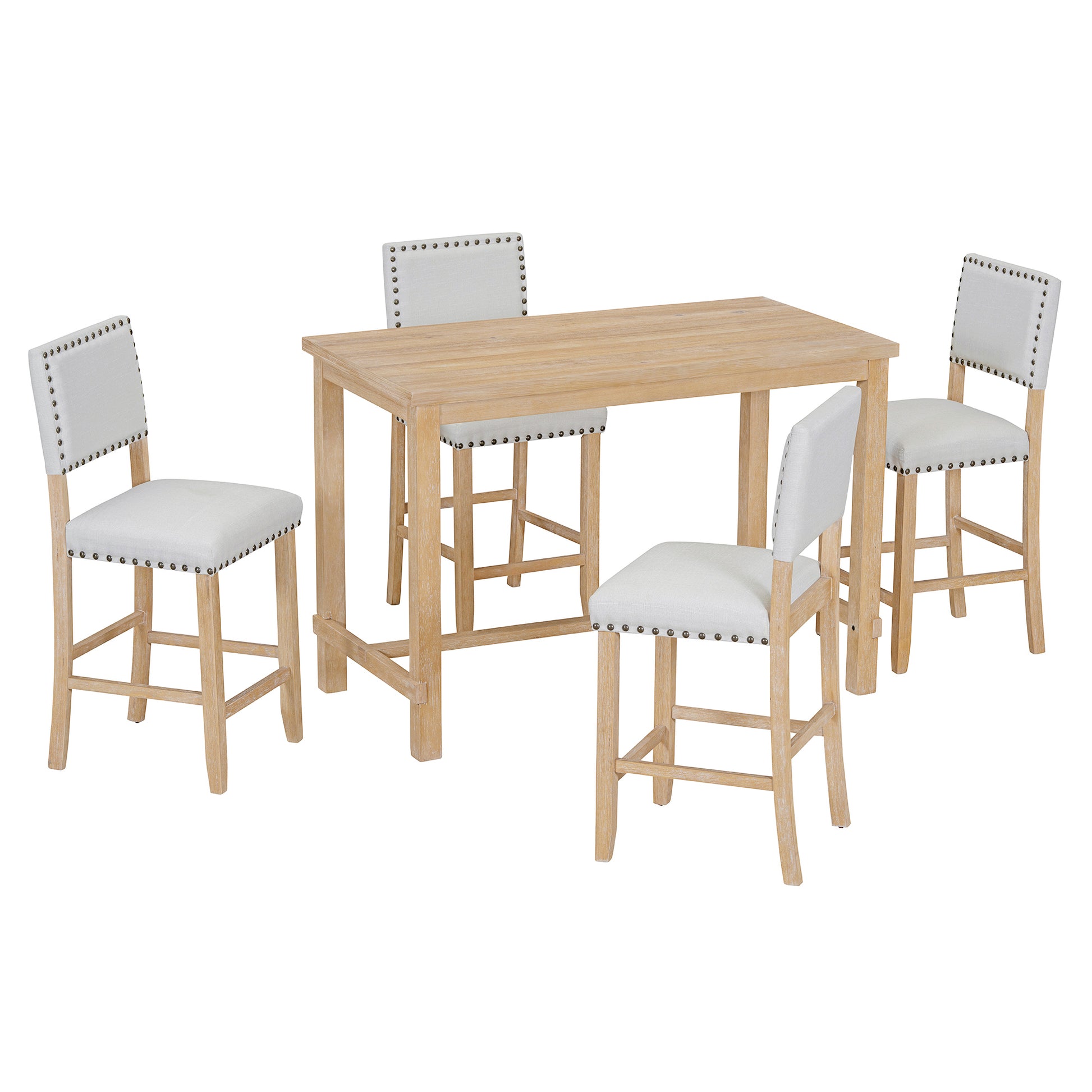 5 Piece Counter Height Dining Set, Classic Elegant Table And 4 Chairs In Natural Wood Wash Natural Wood Wash Solid Wood