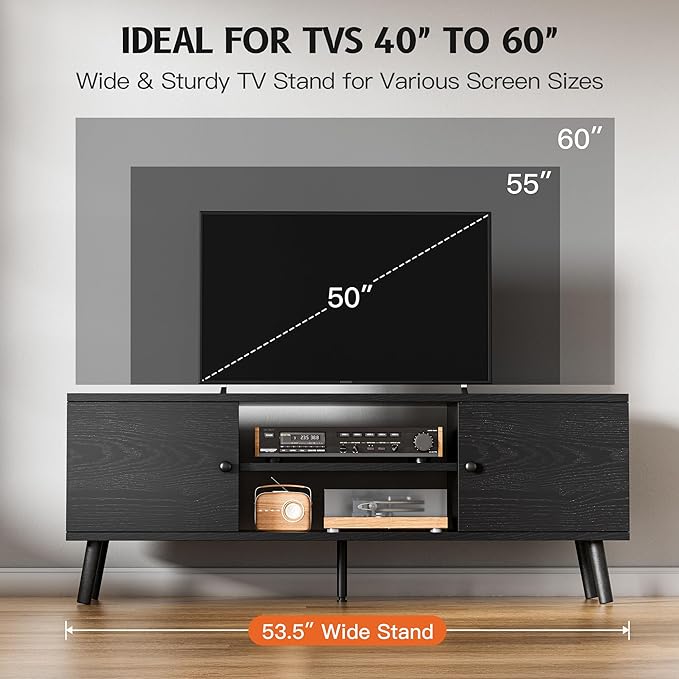 Tv Stand For 55 60 Inch Tv, Entertainment Center With Storage Cabinet, Media Console Table 2 Cabinet, Soft Hinge, Handle Door, Wooden Living Room, Office Furniture, Black Black 50 59 Inches Wood