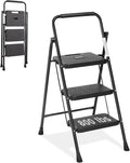 3 Step Ladder, Step Stool Foldable, 800Lbs Portable Ladder With Wide Anti Slip Pedal, Step Stool For Adults, Lightweight Step Ladder For Home Kitchen And Outdoor Black Metal & Wood