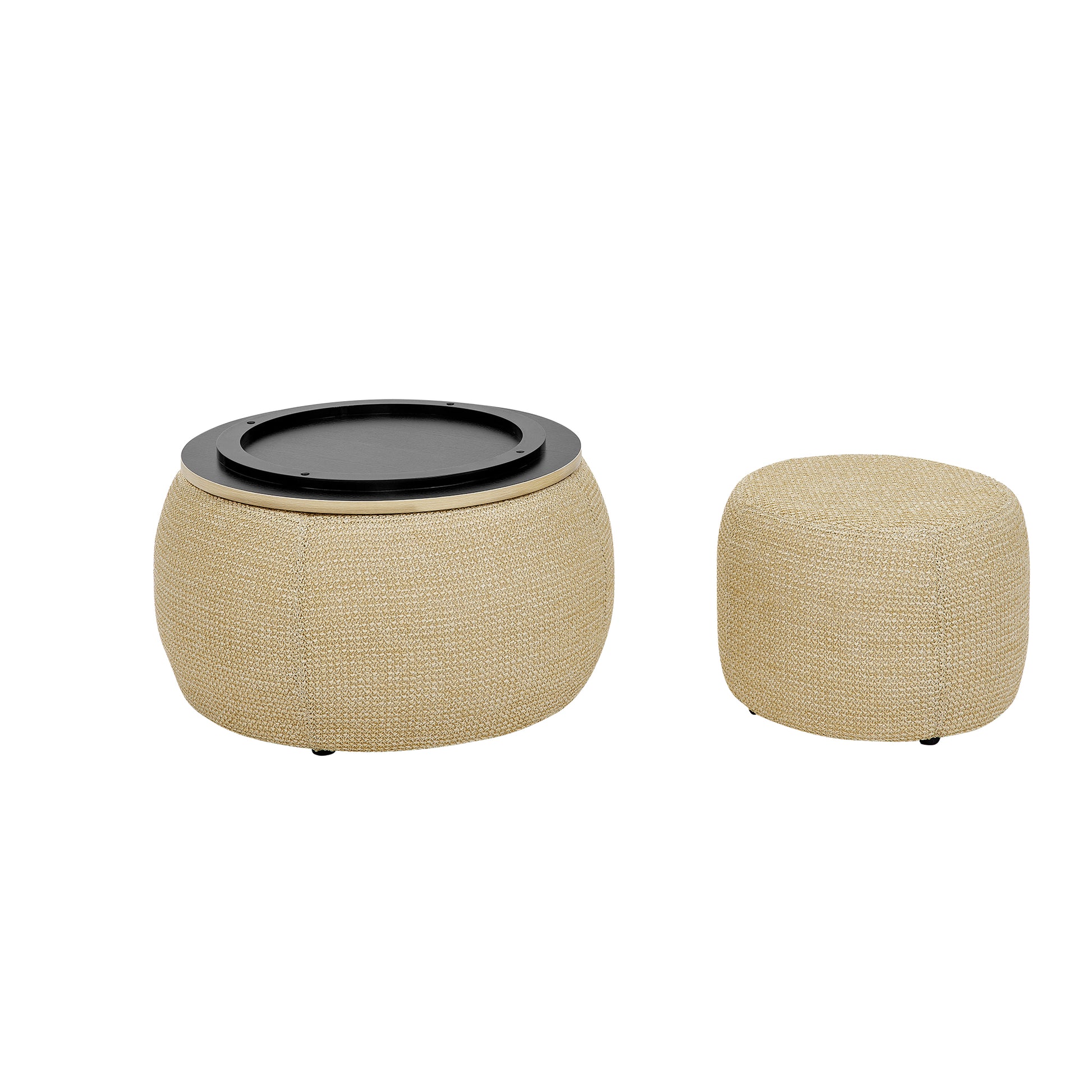 Round Storage Ottoman, Woven Rattan Fabric Ottoman, 2 In 1 Function, Work As End Table And Ottoman,With Small Seat Nature 25"X25"X14.7" Natural Foam
