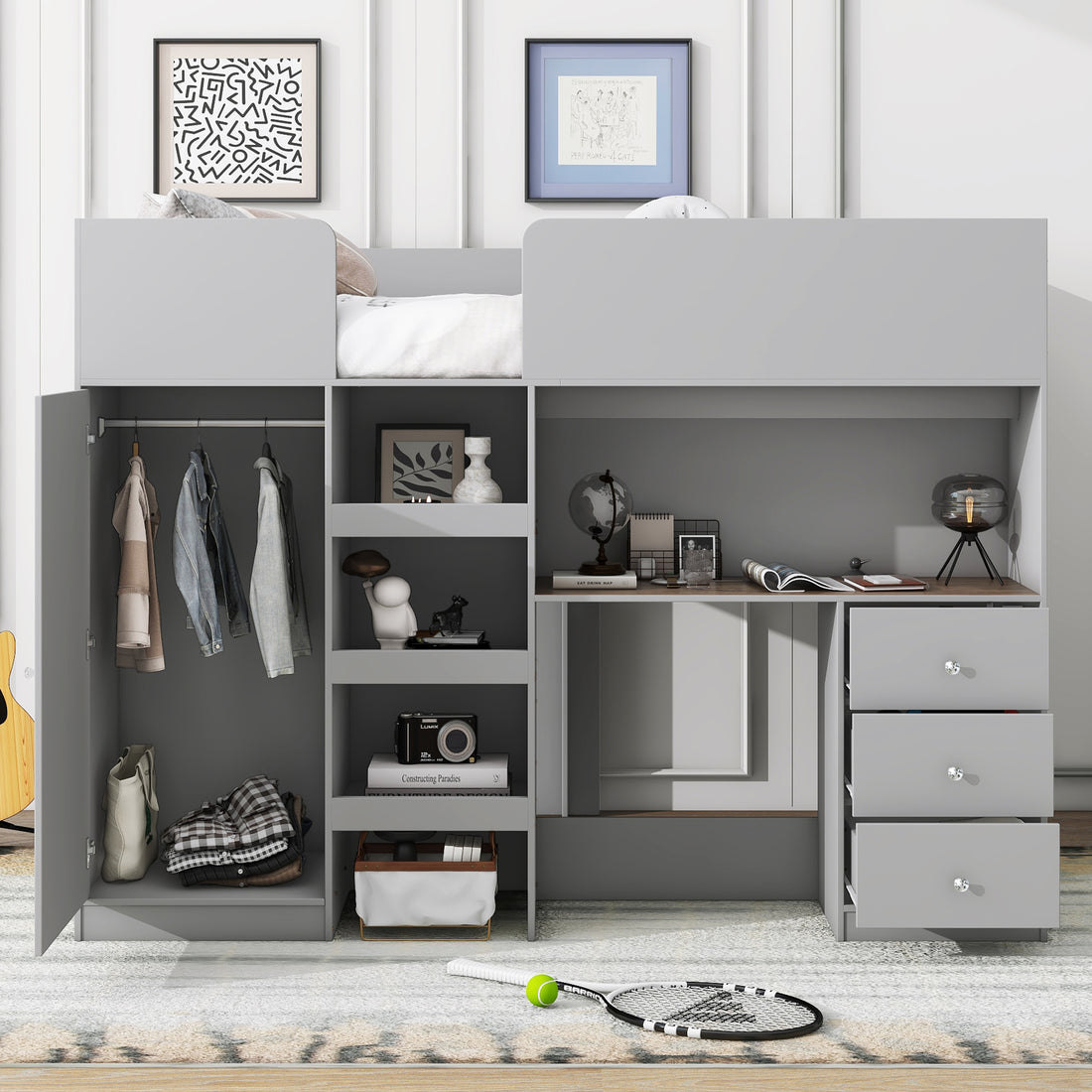 Wood Full Size Loft Bed With Built In Wardrobe, Desk, Storage Shelves And Drawers, Grey Expected Arrival Time: 9.8 Box Spring Not Required Full Grey Wood Bedroom Bed Frame Solid Wood Mdf