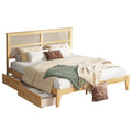King Size Bed With Rattan Headboard, Two Storage Drawers, Rubber Wood Bed With Enhanced Support Salts And Feet,White Oak King White Oak Rubber Wood