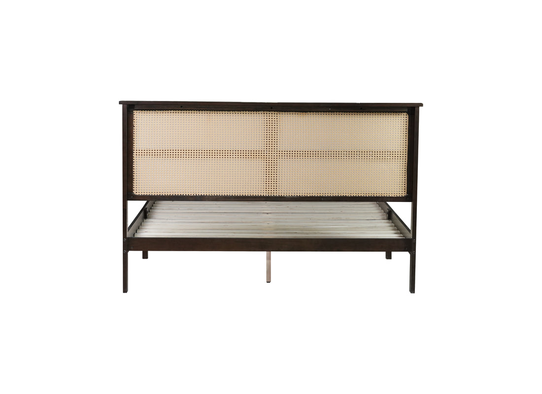 Queen Size Rubber Wooden, Solid Wooden Bed With Rattan Headboard, Enhanced By Support Feet,Espresso Queen Espresso Rubber Wood
