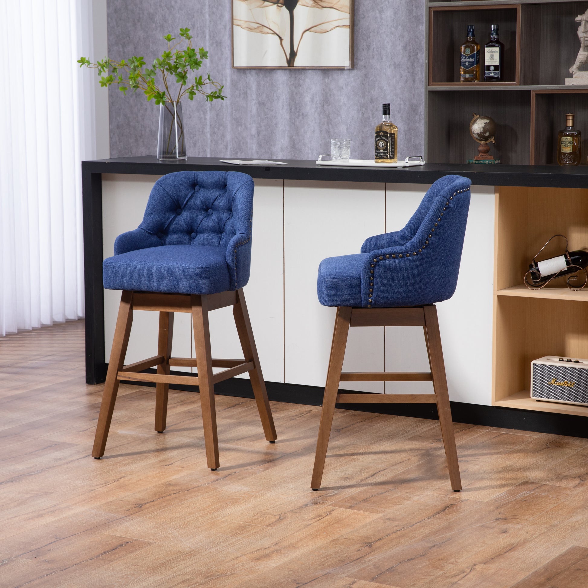 Coolmore Bar Stools Set Of 2 Counter Height Chairs With Footrest For Kitchen, Dining Room And 360 Degree Solid Wood Legs Swivel Bar Stools Set Of 2 Navy Linen Navy Foam Linen