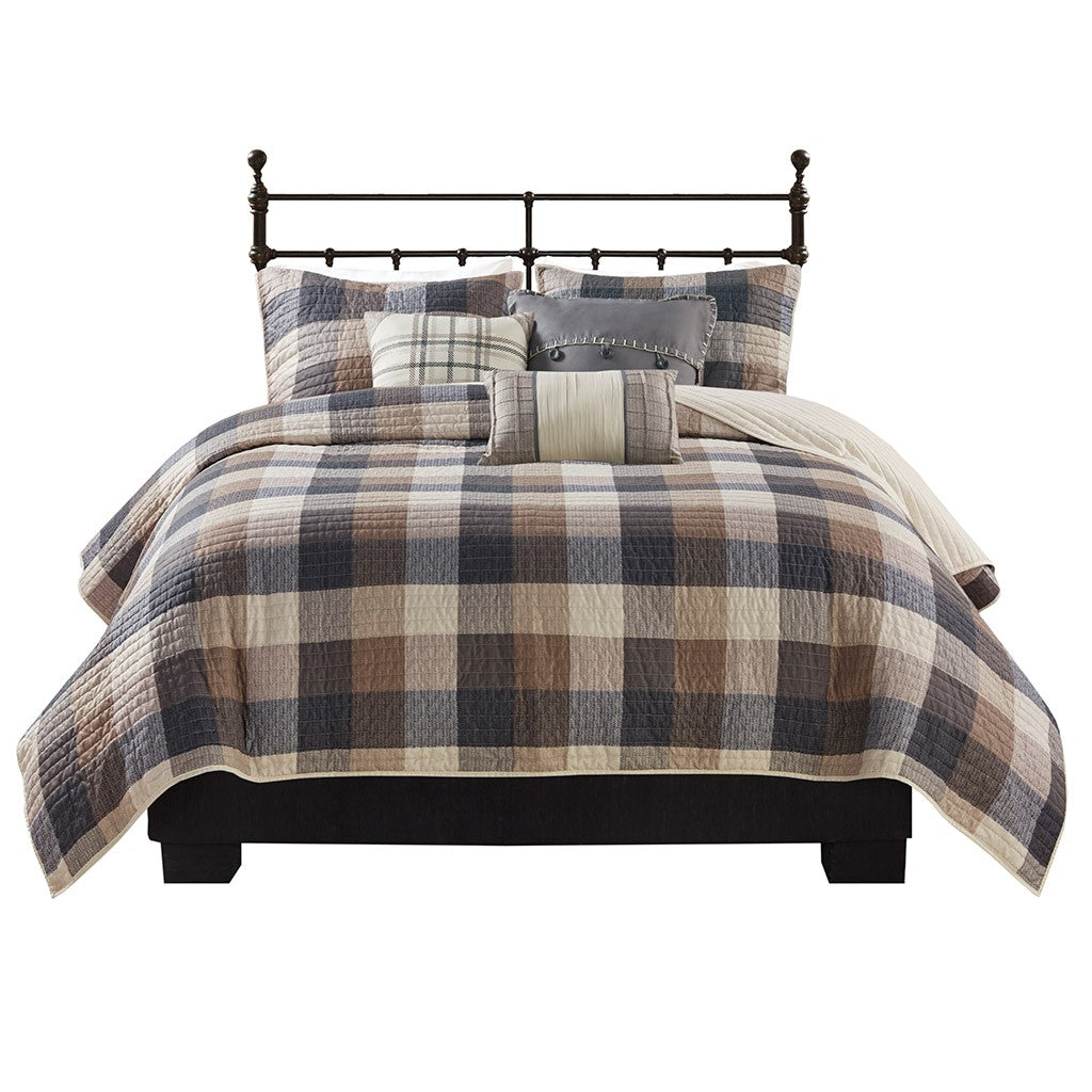 6 Piece Printed Herringbone Quilt Set With Throw Pillows Neutral King Cal King Neutral Polyester