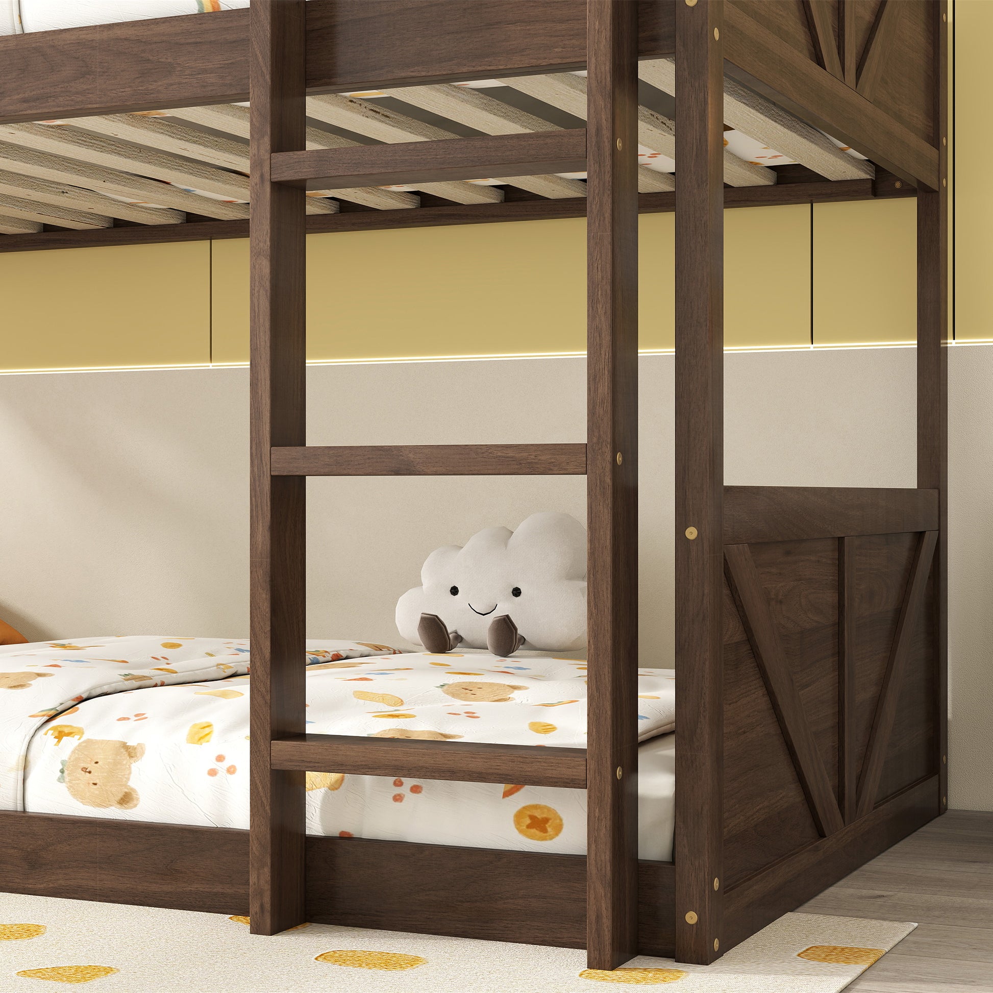 Twin Over Twin Floor Bunk Bed With Panelled Headboard And Footboard, Solid Rubber Wood Foundation With Safety Guardrails, Built In Ladder,Antique Oak Twin Antique Dark Oak Rubber Wood