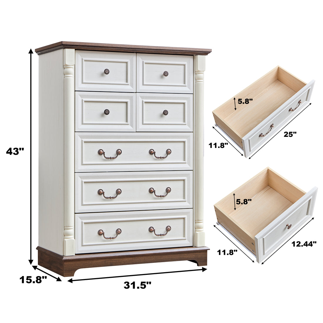 7 Drawer Dresser Chest For Bedroom With Wooden Base And Riser Trim, Wooden Rustic Rustic Chest Of Drawers, Storage Dresser For Bedroom, Living Room Walnut Mdf