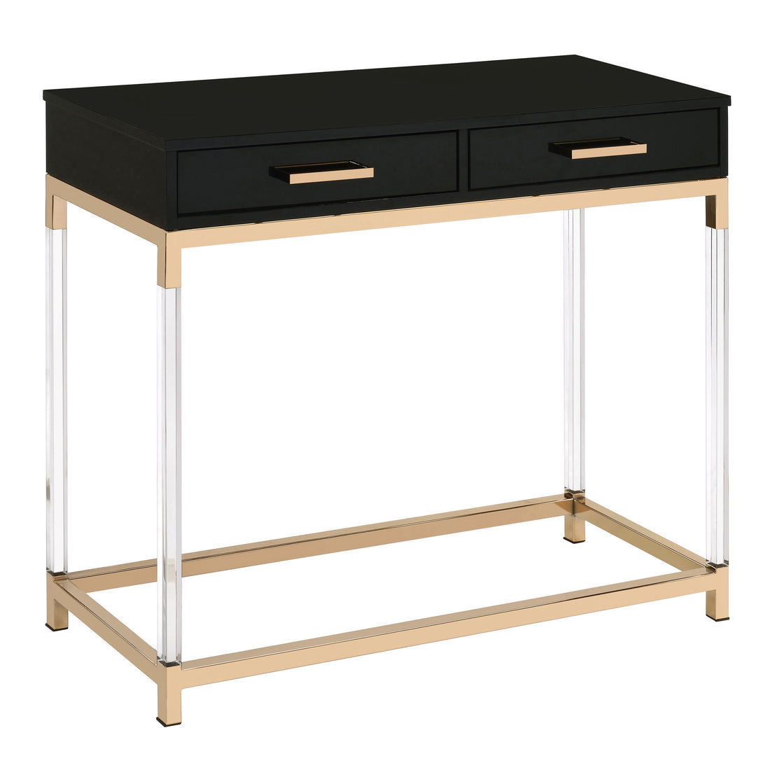 Black High Gloss And Gold Console Table With 2 Drawers Black Gold Primary Living Space Modern Drawers Rectangular Wood Metal