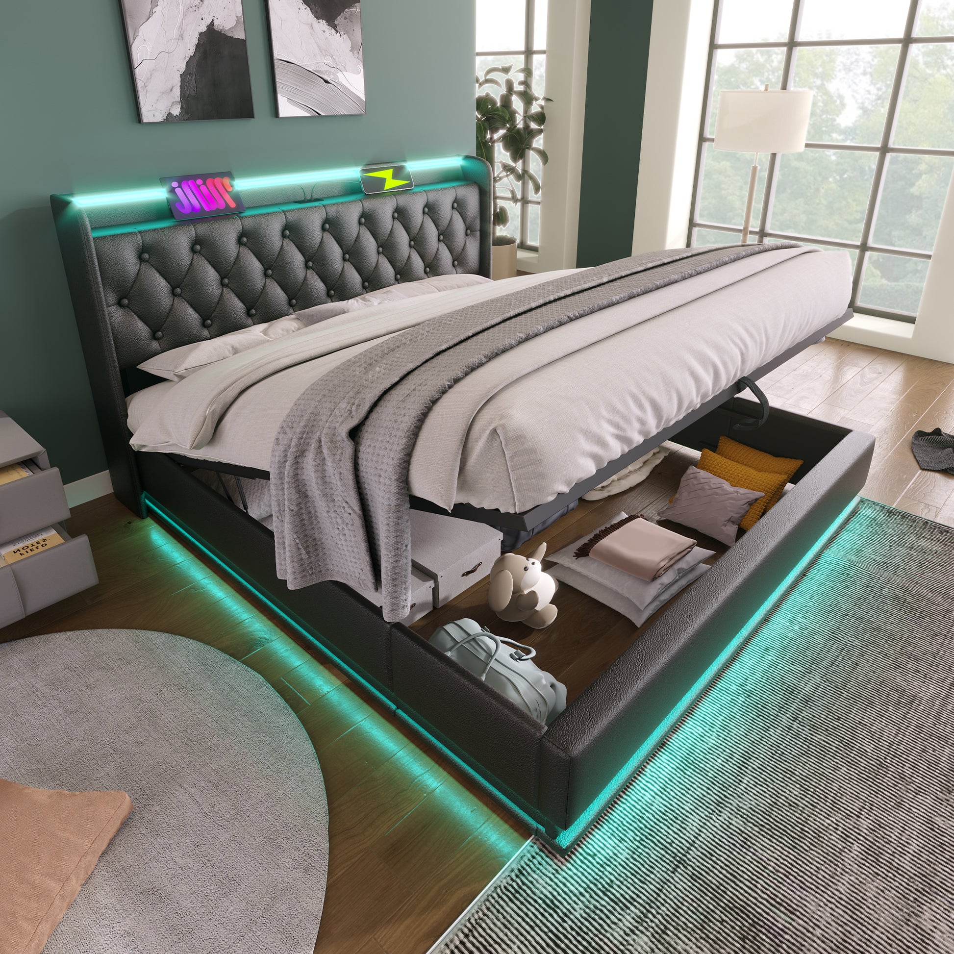 Full Size Upholstered Bed, 360 Surround Led Function, Buttons Apps Remote Control, Hydraulic Storage Bed With Usb Type C Charging, Black,Pu Without Mattress Full Black Pu