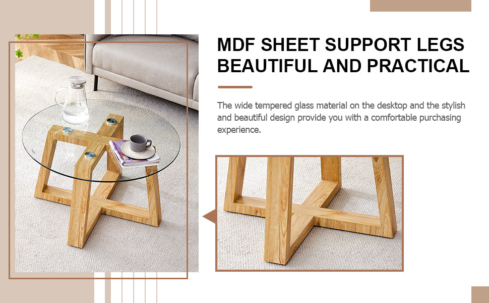 Modern Practical Circular Coffee Tables. Made Of Transparent Tempered Glass Tabletop And Wood Colored Mdf Material. Suitable For Living Rooms And Bedrooms.31.5"*31.5"*17.7" Transparent Glass
