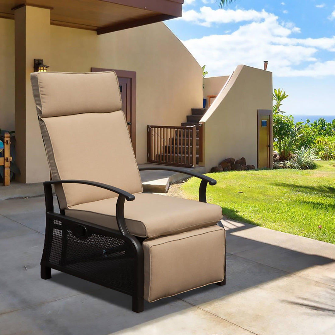 Adjustable Patio Recliner Chair Metal Outdoor Lounge Chair With Flip Table Push Back, Adjustable Angle, 6.8'' Removable Cushions, Support 350Lbs, Beige Yes Beige Garden & Outdoor Metal
