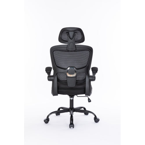 Ergonomic Mesh Office Chair With 3D Adjustable Lumbar Support, High Back Desk Chair With Flip Up Arms, Executive Computer Chair Home Office Task Swivel Rolling Chairs For Adults Cushion Metal Solid Black Office Sponge Dry Clean Round Handle Office Chairs