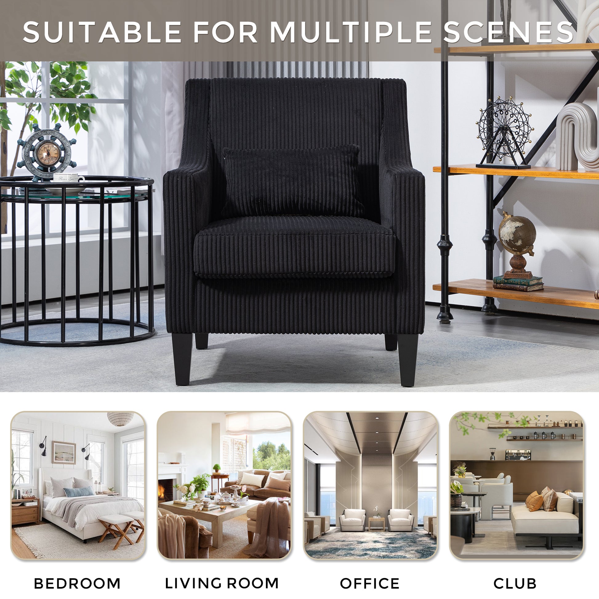 Coolmore Modern Accent Chair,Upholstered Armchair With Scooped Arms For Bedroom,Apartment,Studio,Office,Waiting Room Black Corduroy Black Primary Living Space Foam Corduroy