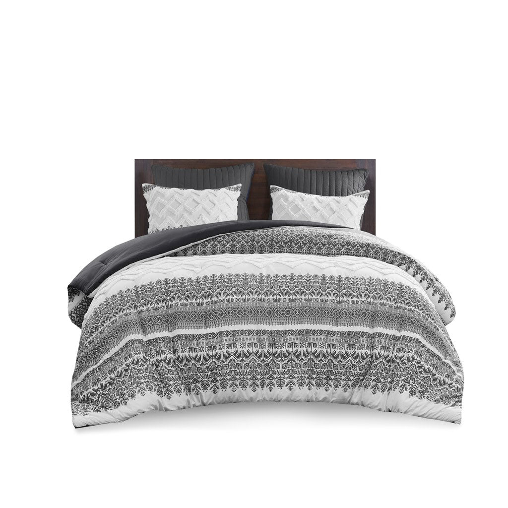 3 Piece Cotton Comforter Set With Chenille Tufting Gray Full Queen Queen Gray Cotton