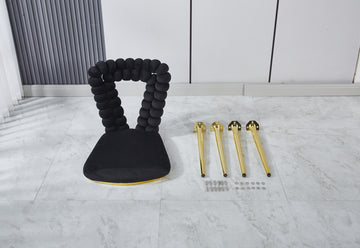 Modern Chair Set Of 2 With Golden Color Iron Tube Legs, Black Soft Cushions And Comfortable Backrest, Suitable For Dining Room, Living Room, Cafe,Hairball Back Gold Black Fabric