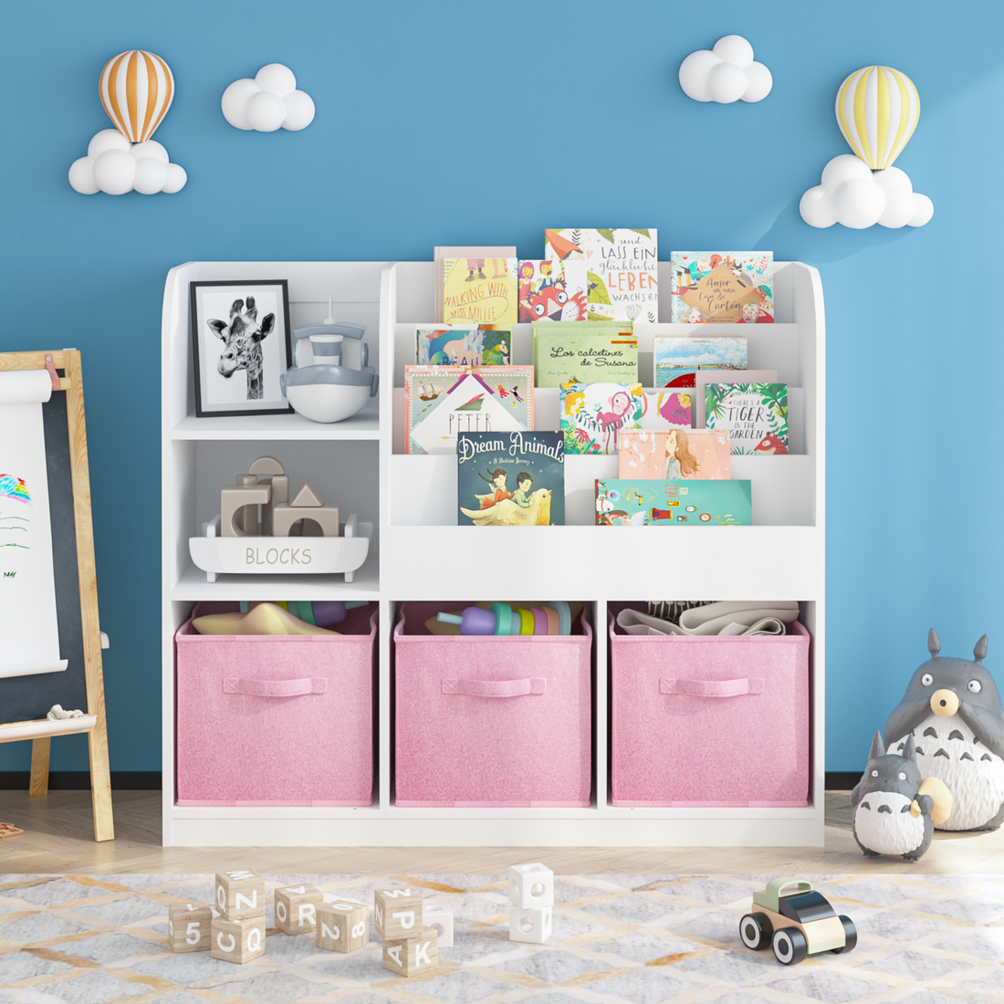 Kids Bookcase And Bookshelf, Multifunctional Bookcase With 3 Collapsible Fabric Drawers, Bookcase Display Stand, Toy Storage Organizer For Bedroom, Playroom, Hallway White Pink White Pink Fabric,Mdf