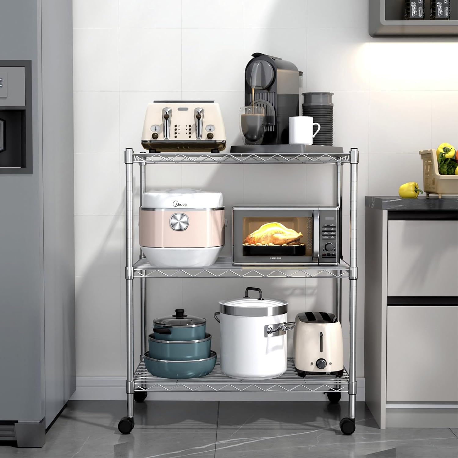Heavy Duty 3 Tier Storage Shelves 750Lb Capacity, 24.02" D X 13.78" W X 29.92" H Adjustable Shelving Unit With Wheels, Chrome, 2 Pack Silver Steel
