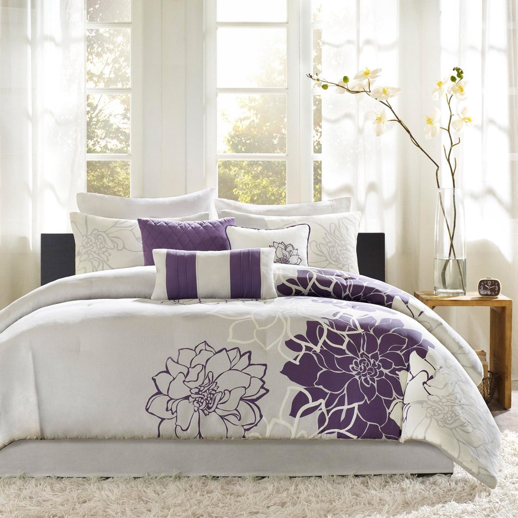 Printed Cotton Sateen Comforter Set Taupe Grey Purple Cal King California King Purple Cotton