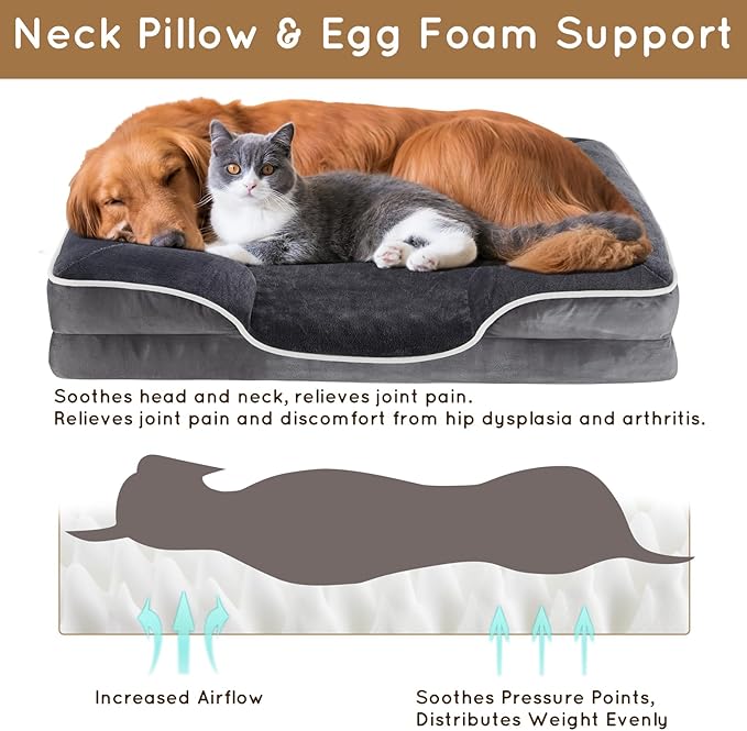 42'' Orthopedic Dog Bed For X Large Dog, Memory Foam Dog Bed, Egg Crate Foam Dog Couch Bed With Washable Removable Cover, Grey Grey Faux Fur