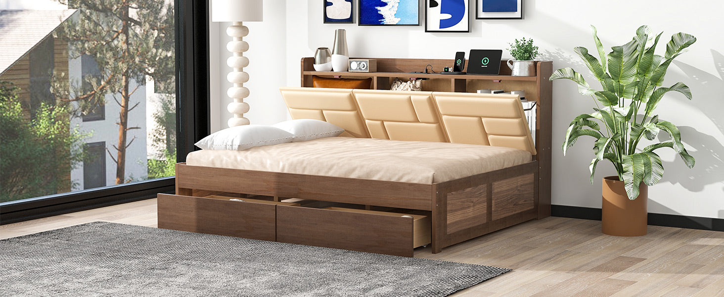 Full Size Wood Daybed With Upholstered Storage Shelves, Usb Ports And 2 Drawers, Wood Color Box Spring Not Required Full Wood Wood Bed Frame Solid Wood Mdf