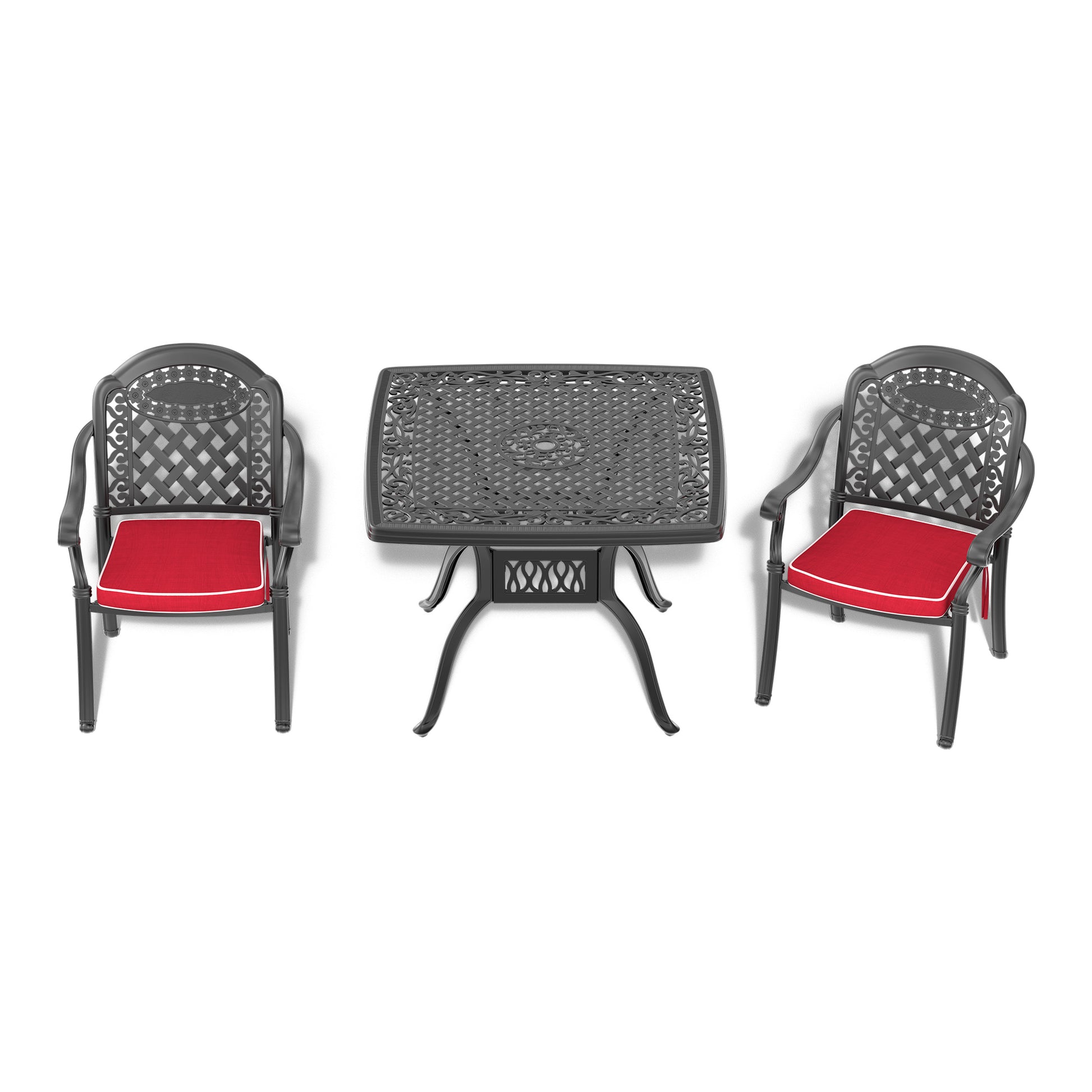 Cushions In Random Colors 3 Piece Set Of Cast Aluminum Patio Furniture With Cushions Yes Dining Set Black Seats 2 Rust Resistant Frame Water Resistant Cushion Garden & Outdoor Complete Patio Sets Aluminium