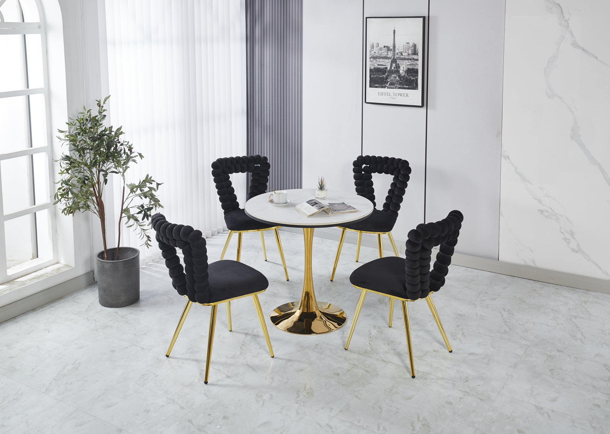 Modern Chair Set Of 2 With Golden Color Iron Tube Legs, Black Soft Cushions And Comfortable Backrest, Suitable For Dining Room, Living Room, Cafe,Hairball Back Gold Black Fabric
