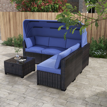 Outdoor Daybed With Canopy, Convertible Patio Sofa Set With Lifting Table, Uv Proof Wicker Conversation Furniture With Ottoman, 1A Yes Complete Patio Set Antique Blue Seats 6 Water Resistant Cushion Garden & Outdoor Rustic,Tropical Complete Patio Sets